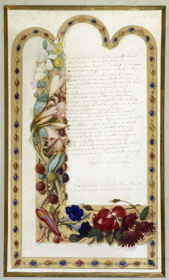 MVRParis's tweet photo. #Printempsdespoetes : Poème autographe de #Lamartine correspondant à la Méditation 12ème  "Les Fleurs sur l'Autel" enluminé par sa femme Marianne Birch. "si les anges écrivaient en vers, ils écriraient comme lui" © @MVRParis /Roger-Viollet, https://t.co/sM0KmvgfdY