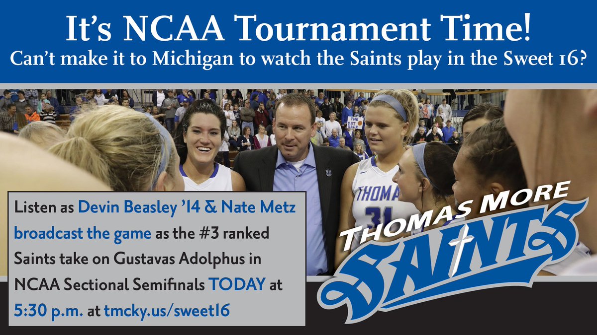 ThomasMoreKY's tweet photo. Can’t make it to Michigan to watch the Saints play in the Sweet 16?
Listen live as @dbeasley_ ’14 & Nate Metz broadcast the game as the #3 ranked @tmcsaints take on @GustavusWBB in @NCAADIII Sectional Semifinals today at 5:30 p.m. at https://t.co/C44CUvgDa0 #tmcsaints @TMC_PREZ https://t.co/fwf3A2081l