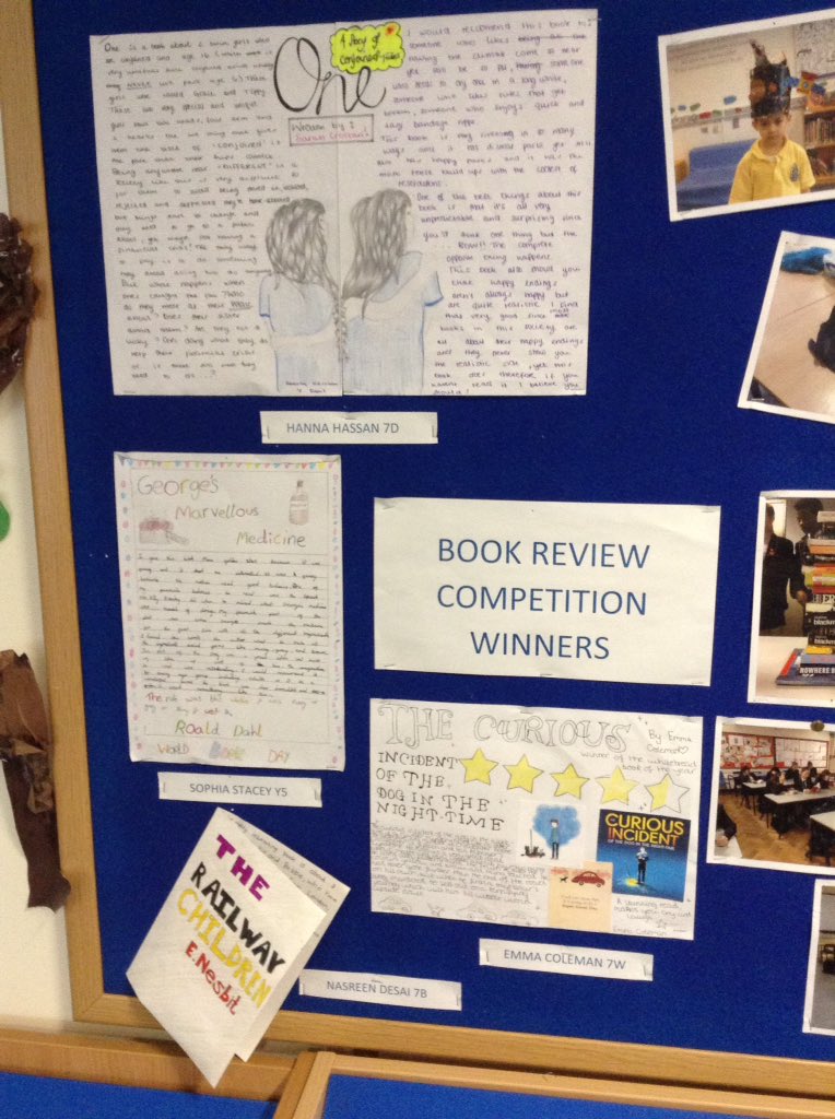 Winners announced! Book Review competition had a record number of entries for WBD and they were outstanding! Hannah Hassan,Sophia Stacey,Emma Coleman &amp; Nasreen Desai will be receiving Book Vouchers #worldbookday