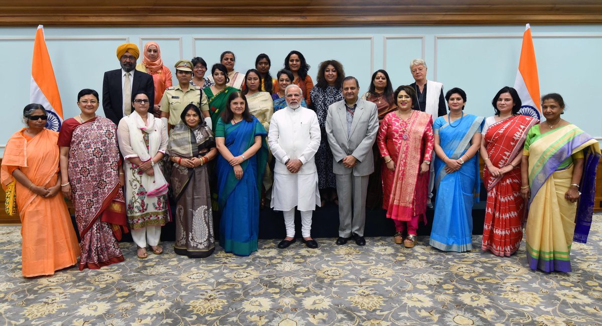 narendramodi's tweet photo. Had a wonderful interaction with recipients of the Nari Shakti Puraskar. Congratulated them on their exemplary contribution to society. https://t.co/q2PTJVqbCD https://t.co/ijtf7l62OP