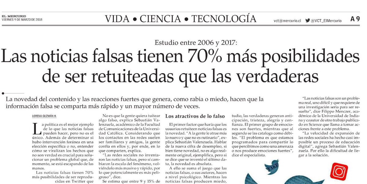 Creo que a nadie le gustaría ser víctima de las famosas noticias falsas en redes sociales. En tiempos en que las falsedades (hoy llamadas “posverdad”) se propagan tan fácilmente, esta es una señal q nos llama a ser responsables al difundir una información impresa.elmercurio.com/Pages/NewsDeta…