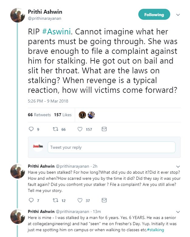 ChennaiTimesTOI's tweet photo. In the wake of #ashwinimurder, @prithinarayanan shares her story of being stalked. For six whole years! And she raises a very, very valid question - When revenge is a typical reaction, how will victims come forward? @ashwinravi99 https://t.co/cOAMG1wq0y
