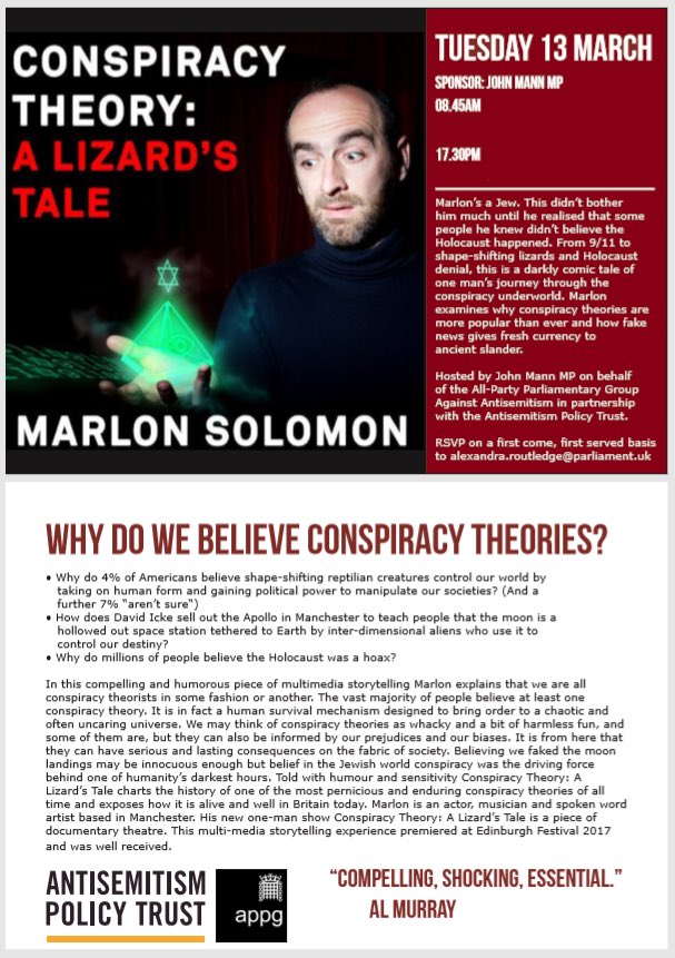 APPGAA's tweet image. .@APPGAA @antisempolicy upcoming event this Tuesday 13th. @supergutman will be performing his show ‘Conspiracy Theory: A Lizard’s Tale’. Details below, venue info upon confirmation. RSVP required to alexandra.routledge@parliament.uk