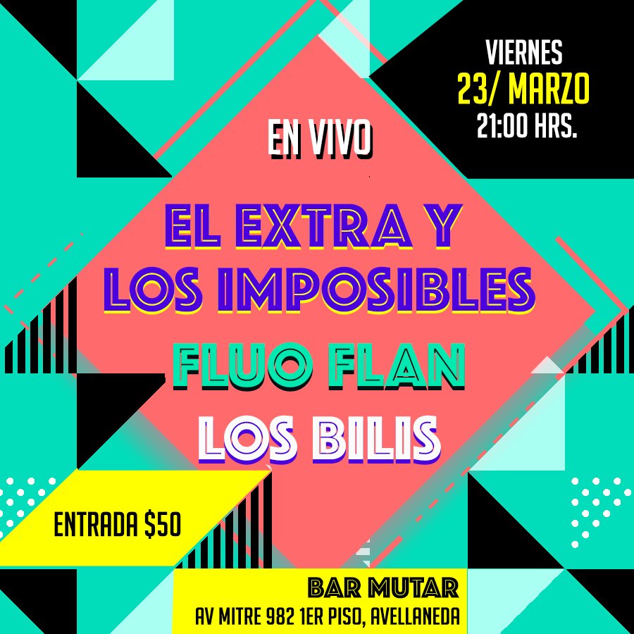 El Viernes 23 de Marzo en #MutarBar Av. Mitre 982 - AVELLANEDA se viene la primera fecha del año de <a href="/imposibleslos/">Los Imposibles</a> junto a <a href="/losbiliss/">L o s B i l i s</a> y <a href="/Fluoflan/">Fluo Flan</a> Entrada $50