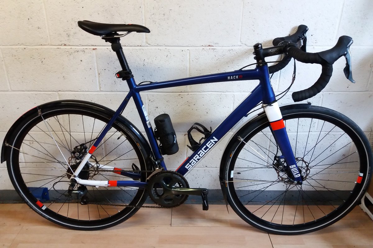 BuildCycleWorks's tweet photo. Jamie's Saracen came to me for a check over and set up. True to it's name, this bike is all set for hacking around on road and gravel. #buildcycleworks #loveyourbike #serviceyourbike #saracenbikes #hackbike #cyclinglife #gravelbike #roadcycling #allroad #nottingham #smallbusiness https://t.co/x20EjWvStX