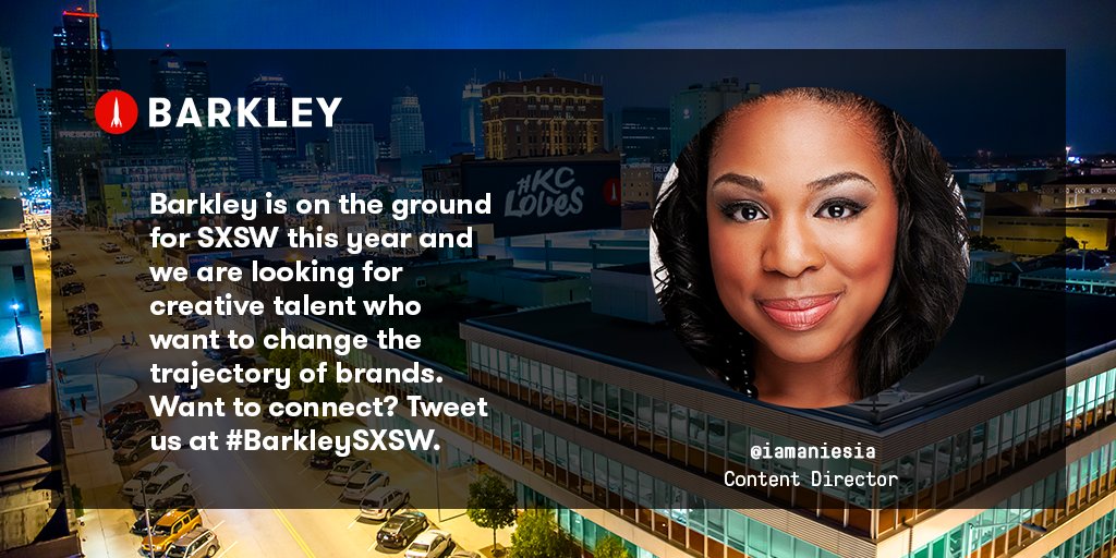 barkleyokrp's tweet photo. Hey #Austin, @iamaniesia from @barkleyus is here. Want to connect? Tweet us at #BarkleySXSW. #hiring #ATX #AddBarkley #SXSW https://t.co/C3qgJlxgs4