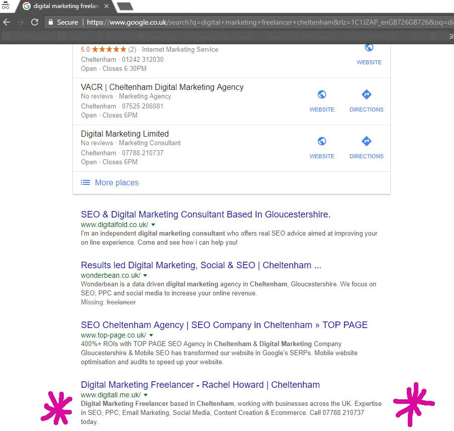 digitall_me's tweet photo. Wohooo, creeping up that first page on @Google! Fourth from top 🌟🔝
 
#digitalmarketing #freelancer #cheltenham #seo https://t.co/QAO9fSBcvH