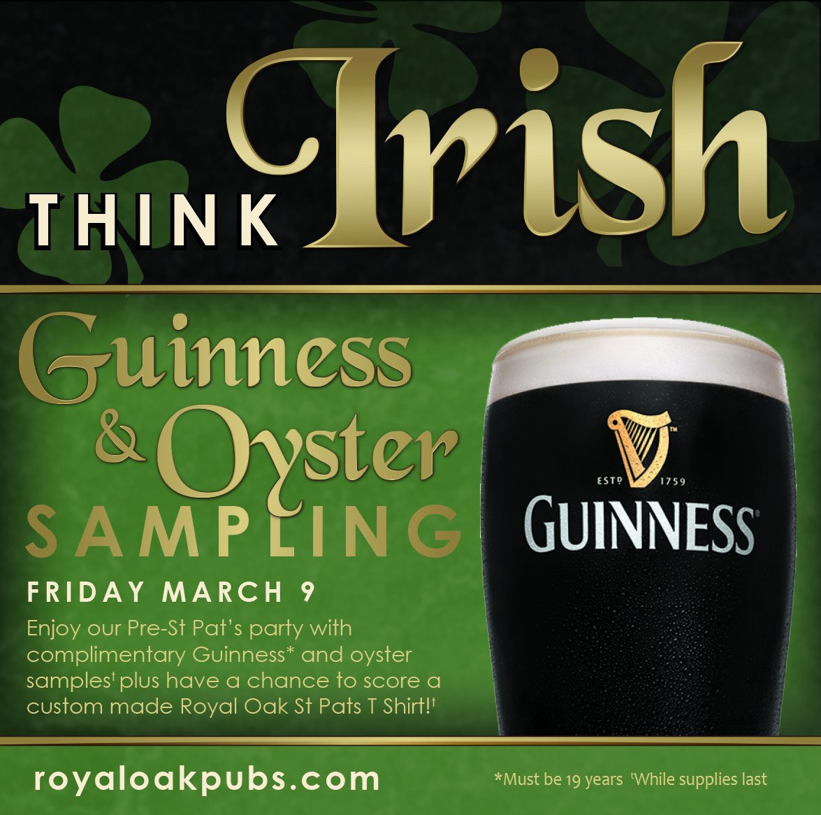 BarrhavenOak's tweet photo. Join us for our Pre #StPats party and enjoy complimentary #samples of #Guinness and #Oysters!  Starts at 5pm (5:30pm at 318 Bank, 7pm at the Canal) https://t.co/t5aVW1K8AZ