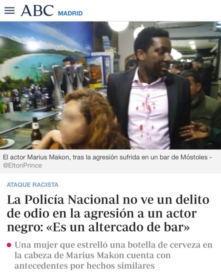 ⚠️ ÚLTIMA HORA| La Policía Nacional NO ve delito de odio en la agresión con una botella al grito de negro de mierda contra el actor Marius Makon.

— A La Policía Nacional le faltó decir q es un problema organizativo, cada uno en su país.

#FelizFinde
#Revolución8MESP
#EAEDirCom