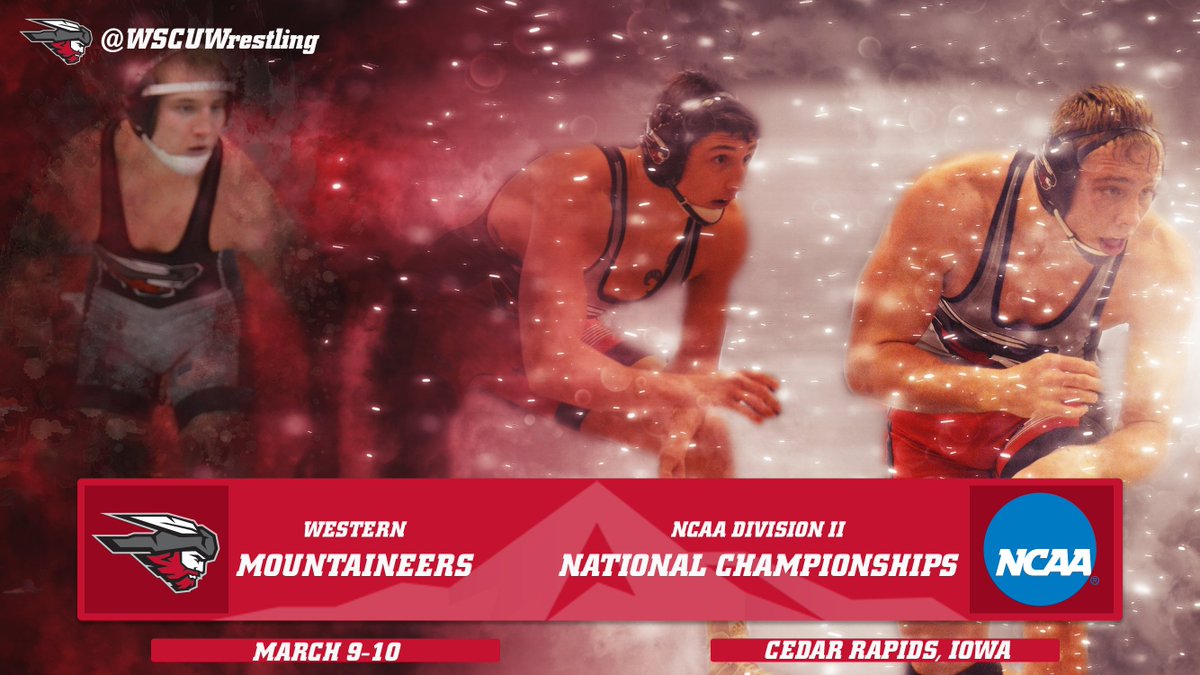 WCUMountaineers's tweet photo. It's time for the #NCAAD2 Wrestling National Championships! Three @wscuwrestling grapplers begin their tournaments today at 10 am MT in Cedar Rapids, Iowa. Follow live online 📺: https://t.co/9mKq2UEJV9 📊: https://t.co/75yNztWVPd #MountUp #RedTornado #WesternIsComing https://t.co/zKUFPzQNYb