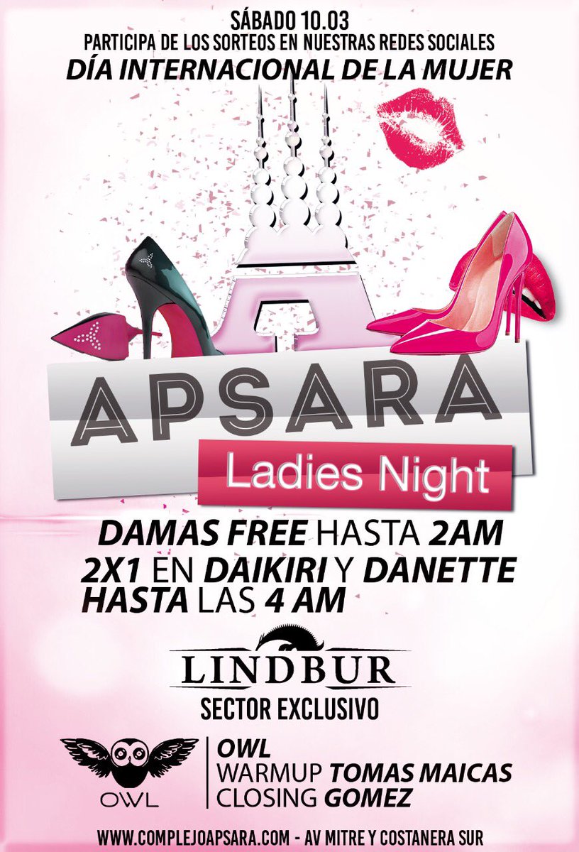 riedel_juan's tweet photo. Este sábado 10 de marzo , en @ApsaraOficial
👠🎀DIA INTERNACIONAL DE LA MUJER 💄💋
📌 Damas FREE hasta las 2 am
📌 #Promos en daikiri y danette hasta las 4 am
📌 #Lindbur: sector exclusivo.
¡Somos #Apsara, somos la fiesta! https://t.co/tHgBrlfFtN