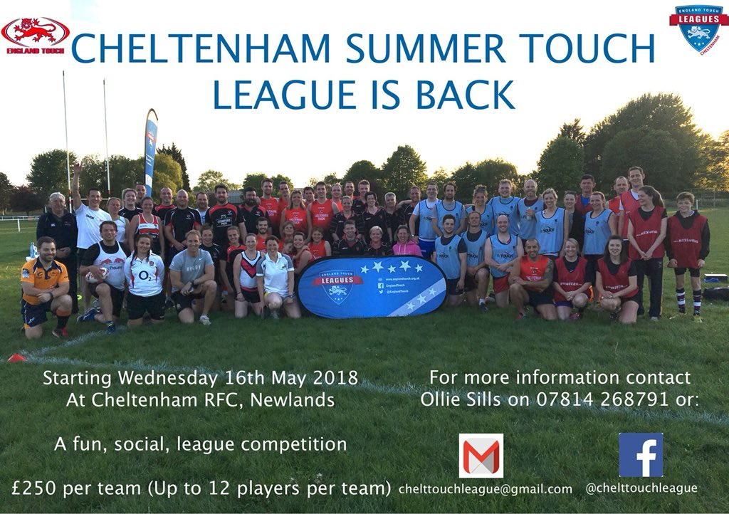 Chelttouchleag's tweet photo. Delighted to be running the Cheltenham Touch League again in 2018. Get yourselves a team a register for the summer league @EnglandTouch @Chelttouchleag https://t.co/1hHuKHwcpp