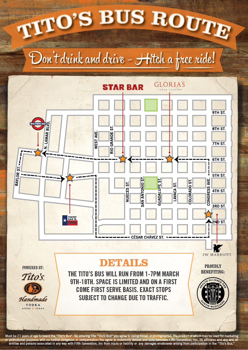 TitosVodka's tweet photo. The #TitosBus is rockin' and rollin' around downtown #Austin! Hop on, hitch a free ride, and support our friends at @myhaam. Follow along at https://t.co/cu7IET9xwo https://t.co/lCbFuLqrcP