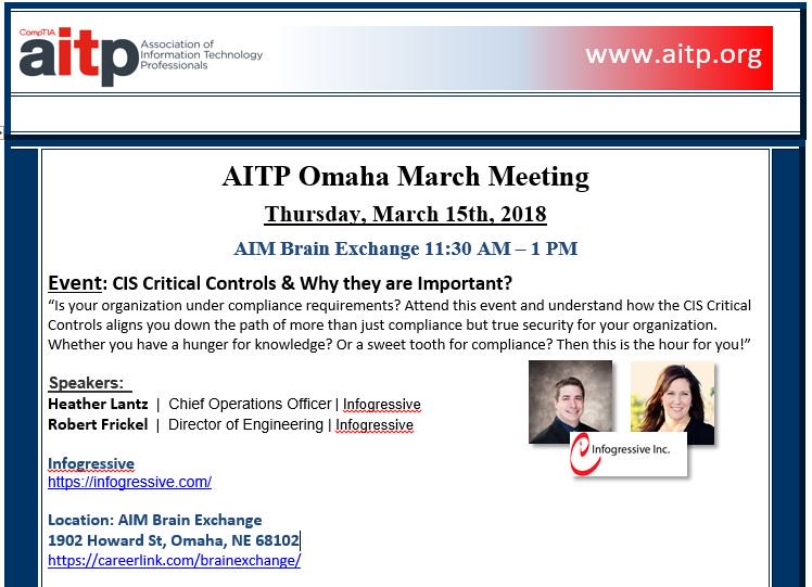 AITPOmaha's tweet photo. @AITPOmaha March Meeting (Free to all!)
Thursday, March 15th, 2018 from 11:30 AM – 1 PM (BYOL)
AIM Brain Exchange 1902 Howard St, Omaha, NE 68102 https://t.co/Vd4GkmYxMt 
Speakers: Heather Lantz, COO &amp; Robert Frickel, DoE @ Infogressive https://t.co/zB31QMdLLy https://t.co/VEhtwZhVVy