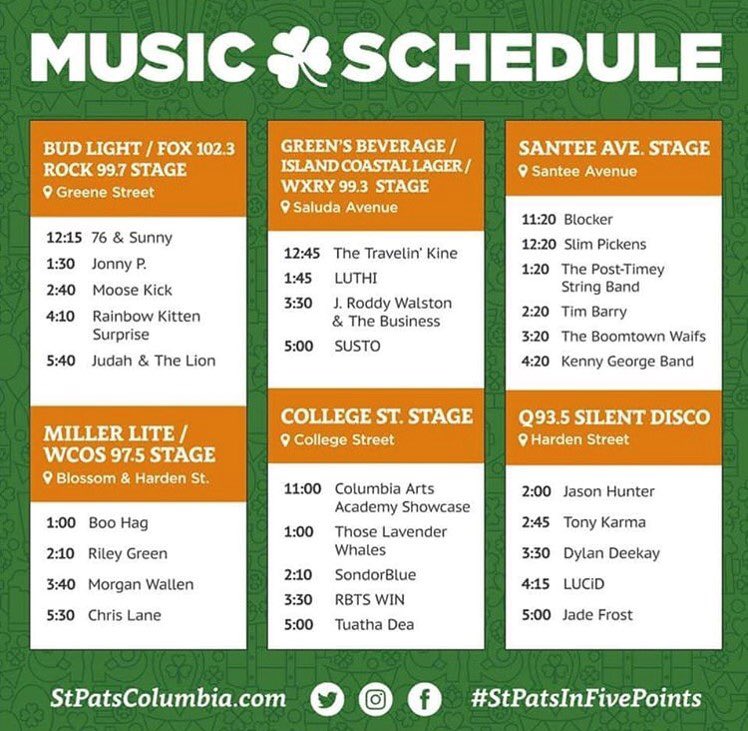 CheersSC's tweet photo. #Columbia: Saturday, March 17th is St Patrick’s Day! Join us, @Island_Lager &amp; 40,000 of your friends to see @sustoisreal on the #IslandCoastalLager stage at 5pm! #ICL #TakeItEasy #ReallyGoodBeer #StPatsInFivePoints #CheersSC https://t.co/r0MMdGoRvp