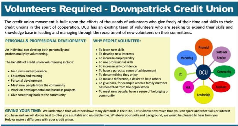 cudownpatrick's tweet photo. Would you like to develop your skills &amp; learn new ones? Contact us via email for a volunteer information pack - info@downpatrickcu.com #Community #WorkingTogether #GivingBack #CreditUnionVolunteers https://t.co/44wUaPXXQX