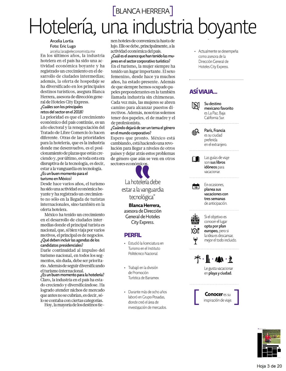 blancai_herrera's tweet photo. Gracias al @eleconomista por la entrevista, un placer leer el punto de vista de otras mujeres en el sector turístico. https://t.co/Exh0l6T5Xa