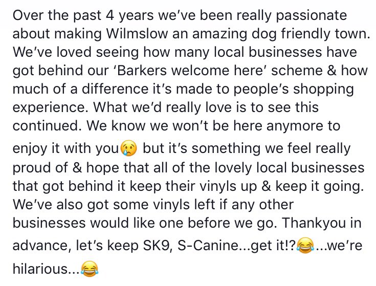 We’re so proud of the ‘Barkers welcome here’ scheme. We’d absolutely love it if the fabulous dog friendly places of Wilmslow kept the vinyls up &amp; kept it going☺️🐶🐾