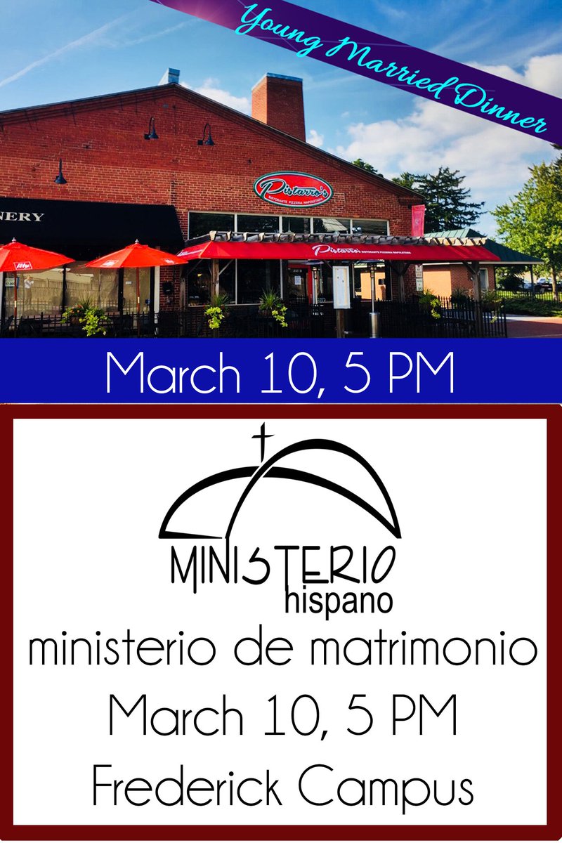 calvaryag_md's tweet photo. Two of our Marriage Groups are meeting on SATURDAY!

Young Married - 5:00 PM at Pistarro's in Downtown Frederick (mallory@camtairy.com)

Spanish Marriage Ministry - 5:00 PM at the Frederick Campus (lopez_gio@outlook.com) https://t.co/RklAX9O9QD