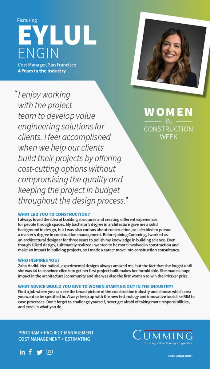 Cumming_Group's tweet photo. We close our week by introducing Eylül Engin, a Cost Manager in our San Francisco office. Learn about her inspiration and what got her into the industry! #2018WICWEEK #SanFrancisco https://t.co/OpGVHMtDga