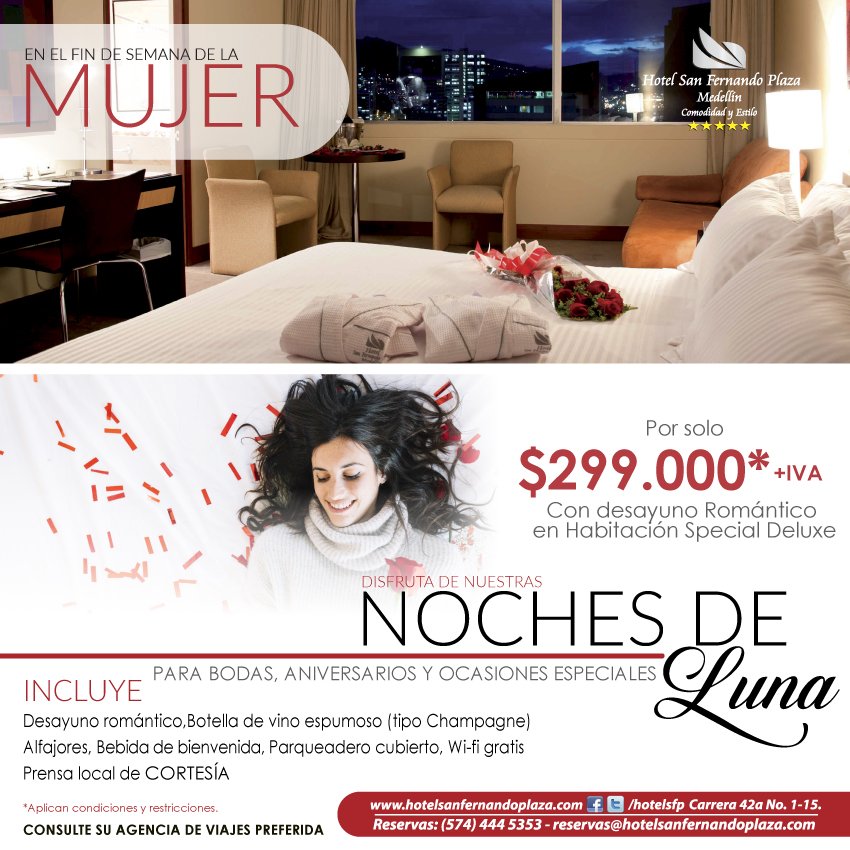 hotelsfp's tweet photo. Reserva ya! Y celebra el fin de semana de la mujer en el Hotel San Fernando Plaza Medellin - El Mejor hotel de la Ciudad!
#findesemana #weekend #diadelamujer #nochesdeluna #romance #rosas #hotelsanfernandoplaza #medellin #colombia #romantic #romantico https://t.co/EGUJTnlGvx