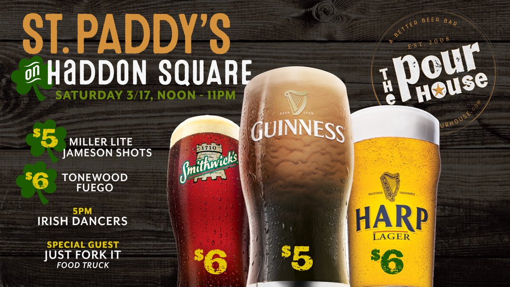 We’re back at again for a #StPaddysDay Beer Garden ☘️🍀☘️🍀
Join us outside under the big tents <a href="/ShopHaddon/">Shop Haddon</a> #HaddonSquare 🍀🍻 the #Guinness and #Jameson will be flowing! Cya Sat 3/17! #ABetterBeerBar
