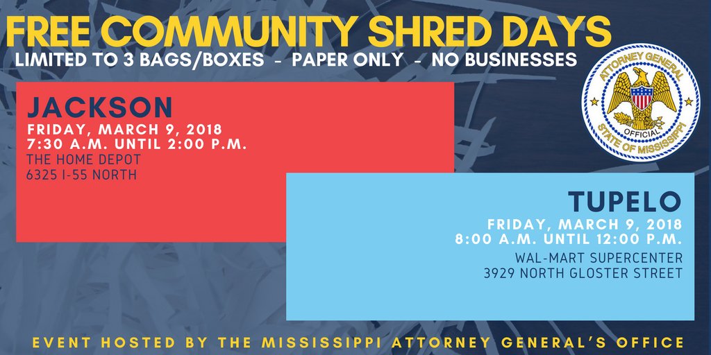 MississippiAGO's tweet photo. We are in Jackson and Tupelo today for community #shreddays providing FREE shred services for your sensitive documents! It’s already busy out here—come shield yourself from #identitytheft before our shred trucks fill up! https://t.co/zGevOp2i18