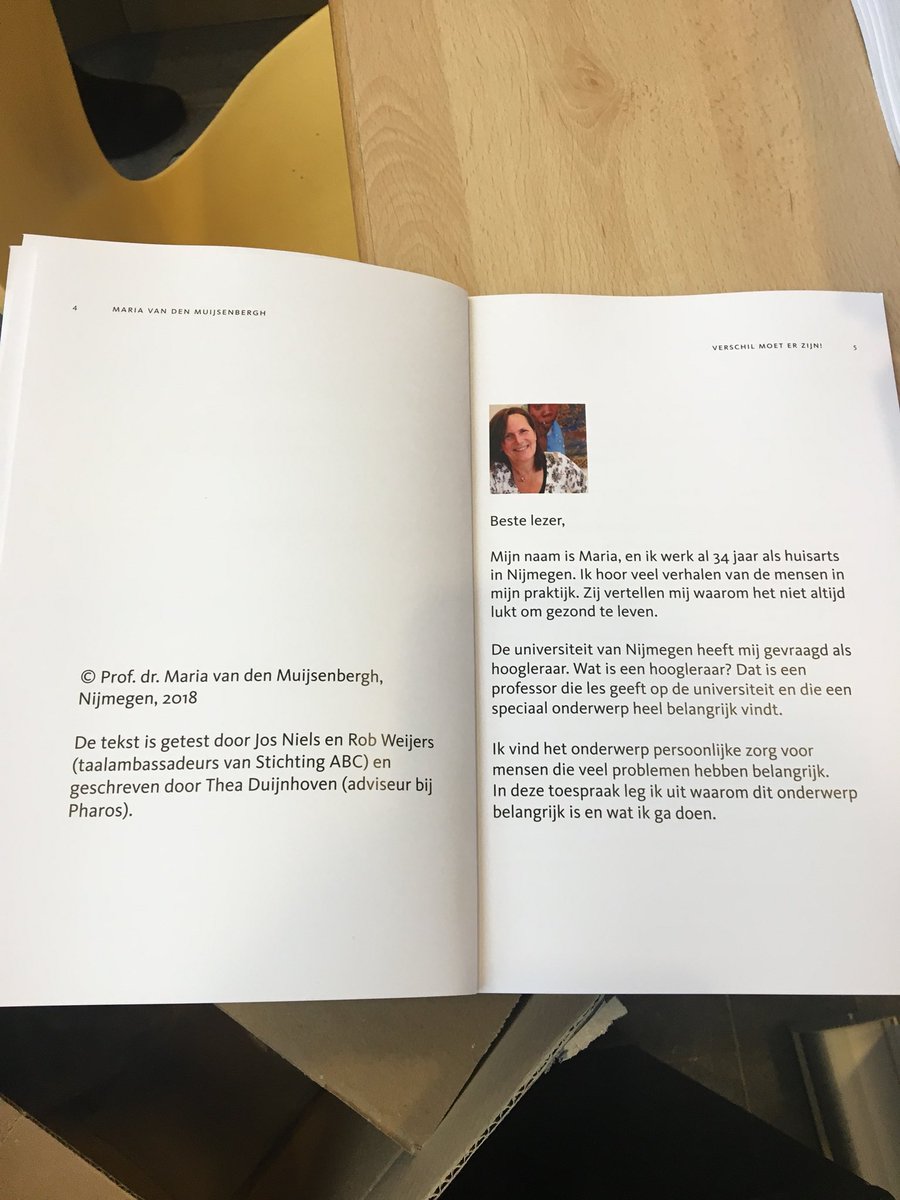 PharosKennis's tweet photo. Oratie@RadboudUMC Verschil moet er zijn! van Maria van den Muijsenbergh. Eindelijk een oratie die ook te lezen is voor mensen die moeite hebben met lezen en schrijven.  #uniek #gezondheidsverschillen https://t.co/TBs0vHuAfq https://t.co/RCsdBfDo2d