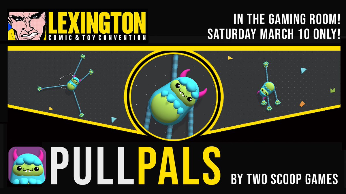 TwoScoopGames's tweet photo. Come play #PullPals at @lex_con Saturday only in the gaming room! Pull, move, and fling cute stretchy monster babies to solve puzzles! #LCTC2018 #indiegames https://t.co/xXhkKntM1i