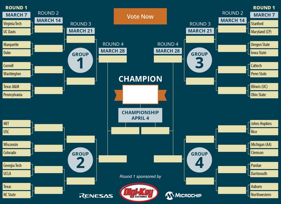digikey's tweet photo. The annual #EUBracketChallenge is open! Remember to #vote for your school, and #win prizes! #bracket #competition https://t.co/IgwwXj7GOM 
@ElectronicDesgn 
@RenesasAmerica
 @MicrochipTech https://t.co/xNSJo9Db6m