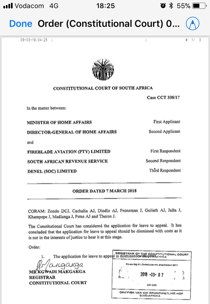 Hofstatters's tweet photo. Oppenheimer airport: ConCourt dismisses Gigaba’s bid to appeal Fireblade judgement. With costs. ‘Not in the interests of justice to hear it at this stage’ https://t.co/p0XE5AJ72Q