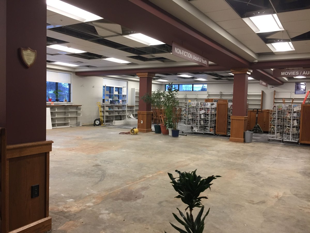 EBonnerLibrary's tweet photo. Alert! DVD's (except sets) are NOT AVAILABLE for check out while we lay new carpet in that section.  They will probably be back in circulation by late afternoon today. Stay tuned. Incidentally, today happens to be #NationalGetOverItDay . #YourLibraryTransformation #7BLibrary https://t.co/2Pal1MTpr3