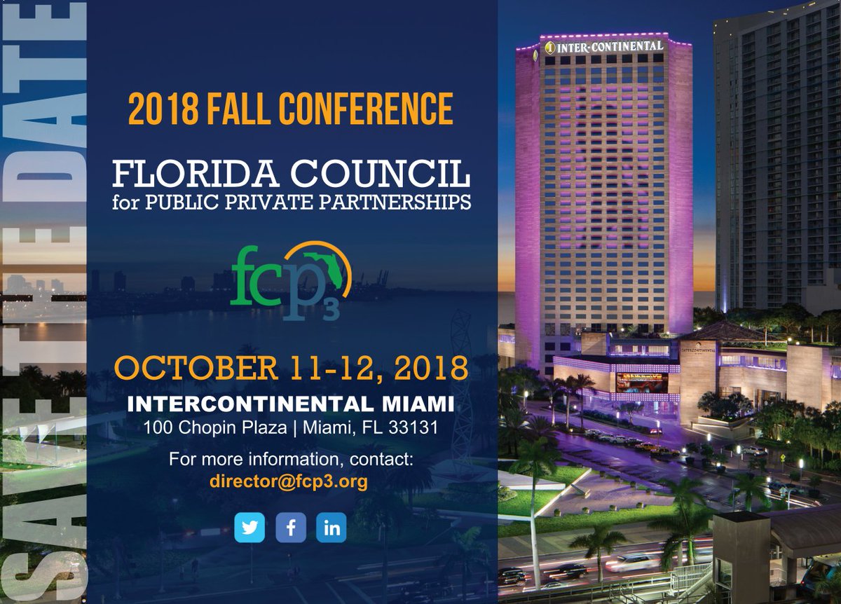 FLCouncilP3's tweet photo. SAVE THE DATE for 2018 Fall Conference
October 11-12, 2018 
InterContinental Miami #fcp3 #fallconference #springconference https://t.co/c0YK9bAS4b
