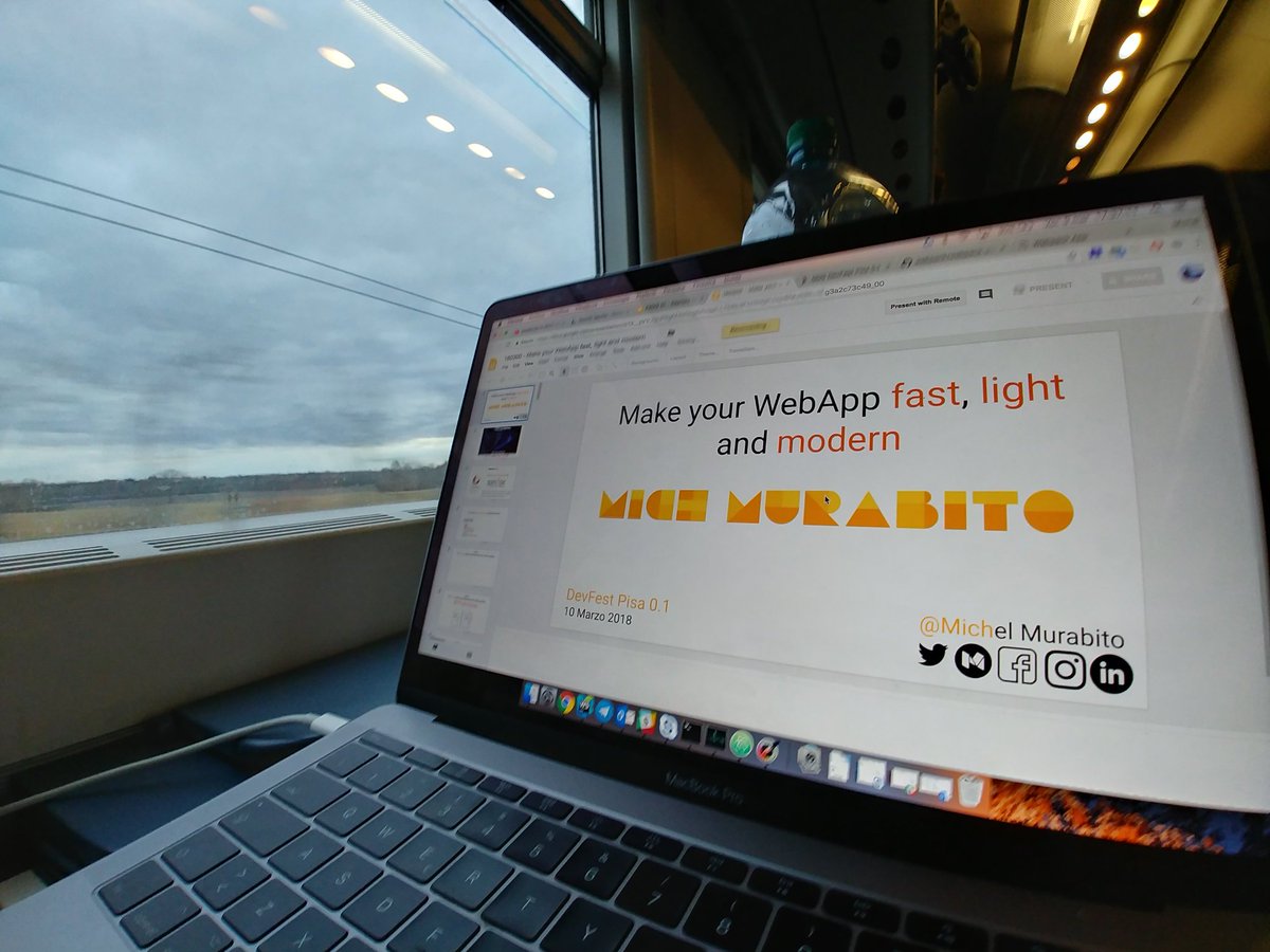 michelmurabito's tweet photo. On my way for the #DevFestPisa!
Don't miss my talk/workshop:
14.00 Room PS1: "Run Fast with Modern JavaScript"
17.00 Room PS4: "Make your WebApp fast, light and modern"
#DevLife #Conferences #lifeAtSpindox #followMich @Spindox_It https://t.co/D6WHmi46Jr