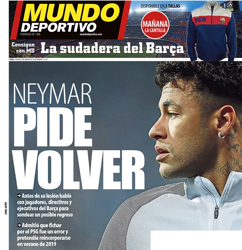 TVCDeportes's tweet photo. #SeArrepiente 🙄
Medios catalanes aseguran que Neymar quiere volver a #Barcelona. Todo esto se da después de la eliminación del #PSG 🗼 ante el #RealMadrid.. https://t.co/rDUJ7eXSNp