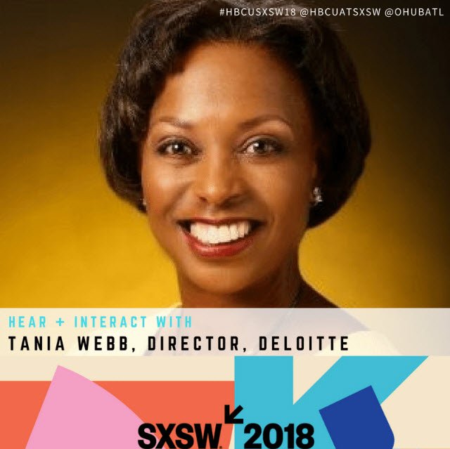 fucci_mike's tweet photo. If you're going to #SXSW, don't miss @DeloitteUS leader Tania Webb speak on the @hbcuatsxsw panel: Solutions for Hiring Top Minority Tech Talent! Follow along at #DeloitteSXSW https://t.co/nuJpOQDGVA https://t.co/eulVitgODP