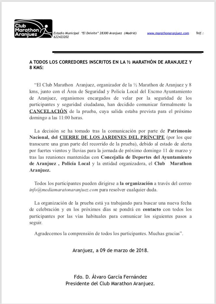 La previsión de lluvia y fuertes vientos  obliga a suspender la Media Maratón por los Sotos Históricos de este domingo deportes.aranjuez.es/la-prevision-d…