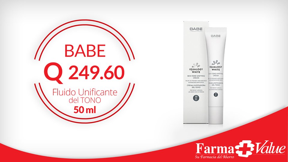 #FarmaValueG BABE, FLUIDO UNIFICANTE DEL TONO, 50 ML A TAN SOLO 249.60

Crema hidratante unificadora del tono, con acción antioxidante, de textura enriquecida, que ayuda a:
Aclarar las manchas de la piel
Unificar el tono de la piel
Proteger de la radiación solar