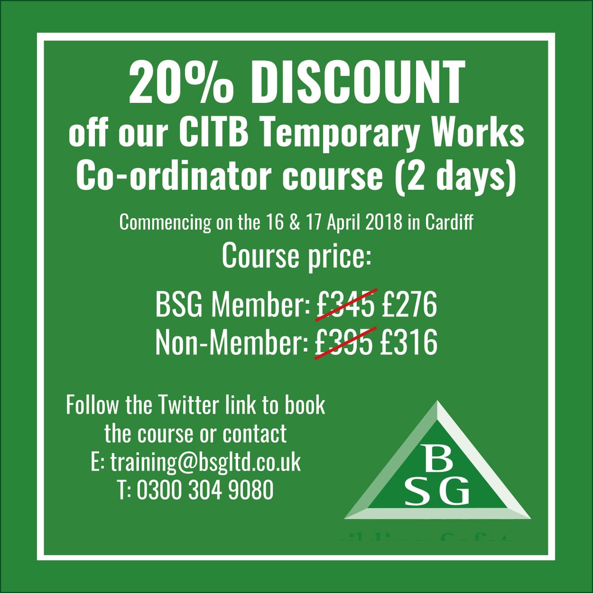 bsgltd's tweet photo. BSG will be offering a 20% discount off CITB Temporary Works Co-ordinator training course in Cardiff on the 16th &amp; 17th of April 2018. #CITB #Tempworks

For more information please visit our website: https://t.co/KwZ5eASysm https://t.co/ERa4FwHFpc