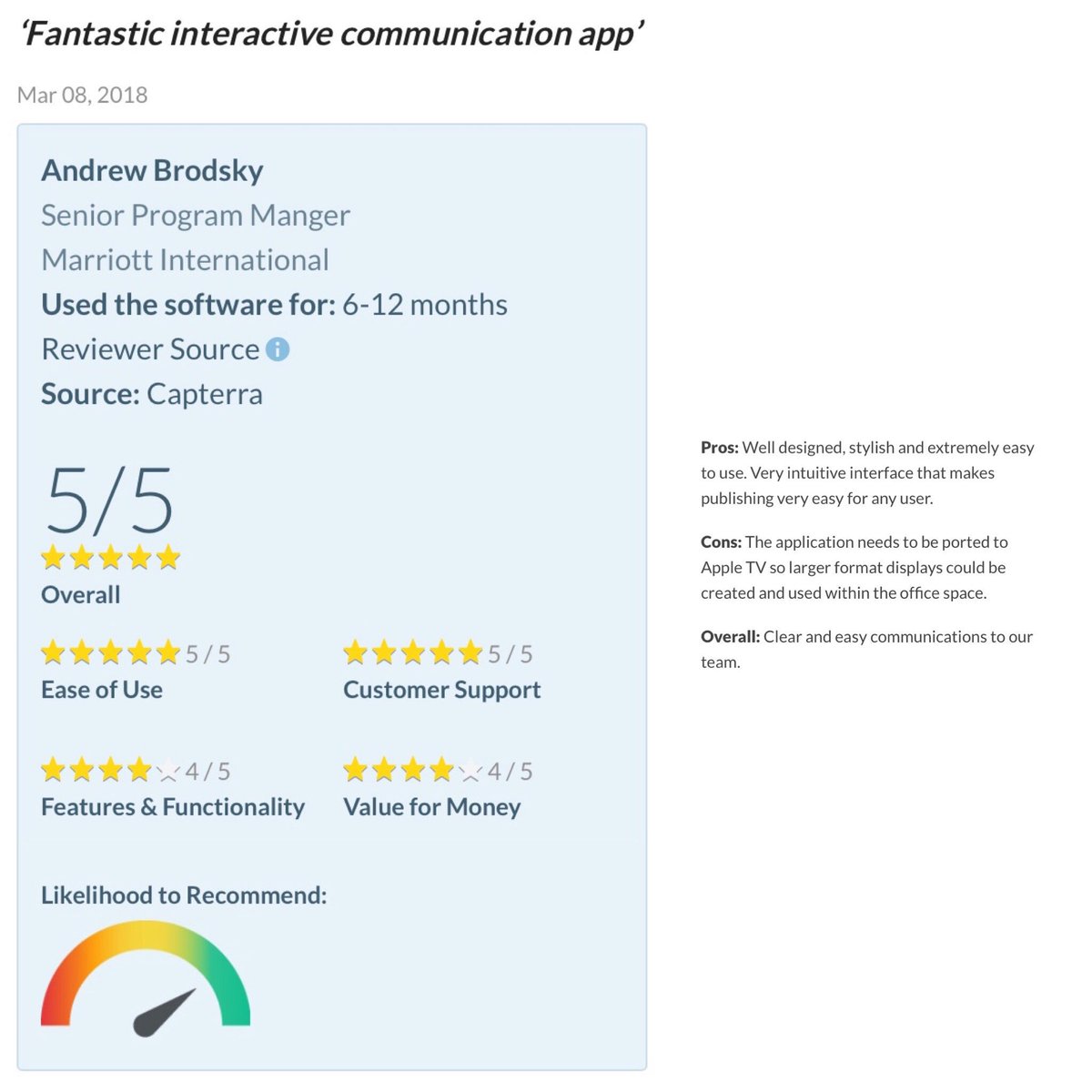 The first review of BeeBoard Digital Signage on <a href="/Capterra/">Capterra</a> comes from <a href="/MarriottIntl/">Marriott International</a> who gave us a 5 star rating! Feeling thankful 🐝 #BeeBoard #iPad #iPhone #digitalsignage #bulletinboard #pinboard #communicationtools #communicationiskey #teamcommunication #DOOH
