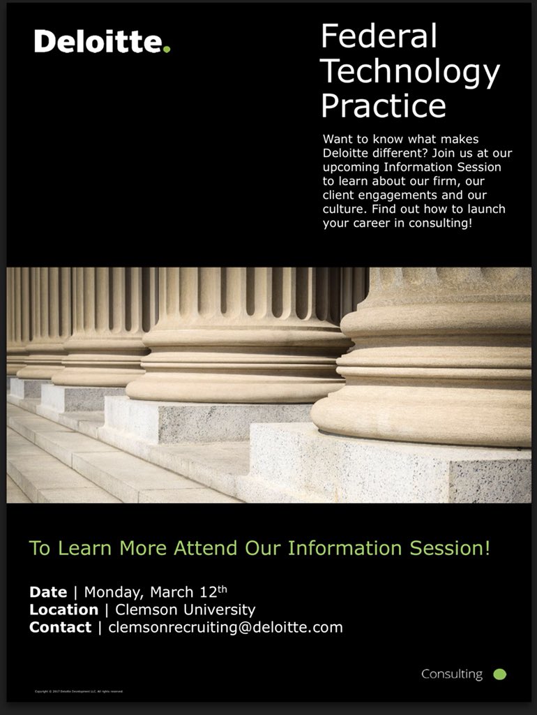 ClemsonIISE's tweet photo. Have you been interested in consulting as an IE? Do you want to find out how to do this? If you answered yes, please join us Monday March 12th in Freeman 138 at 5:15 to have all your questions answered as well as learn about Deloitte! https://t.co/F7Zr7dr6Dj