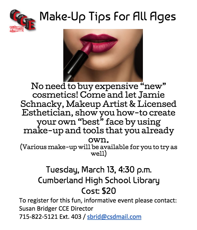 CumberlandCEd's tweet photo. No need to buy expensive new cosmetics ~ learn to be the best you with the products you already have with Jamie Schnacky! https://t.co/UuXKqA69LE