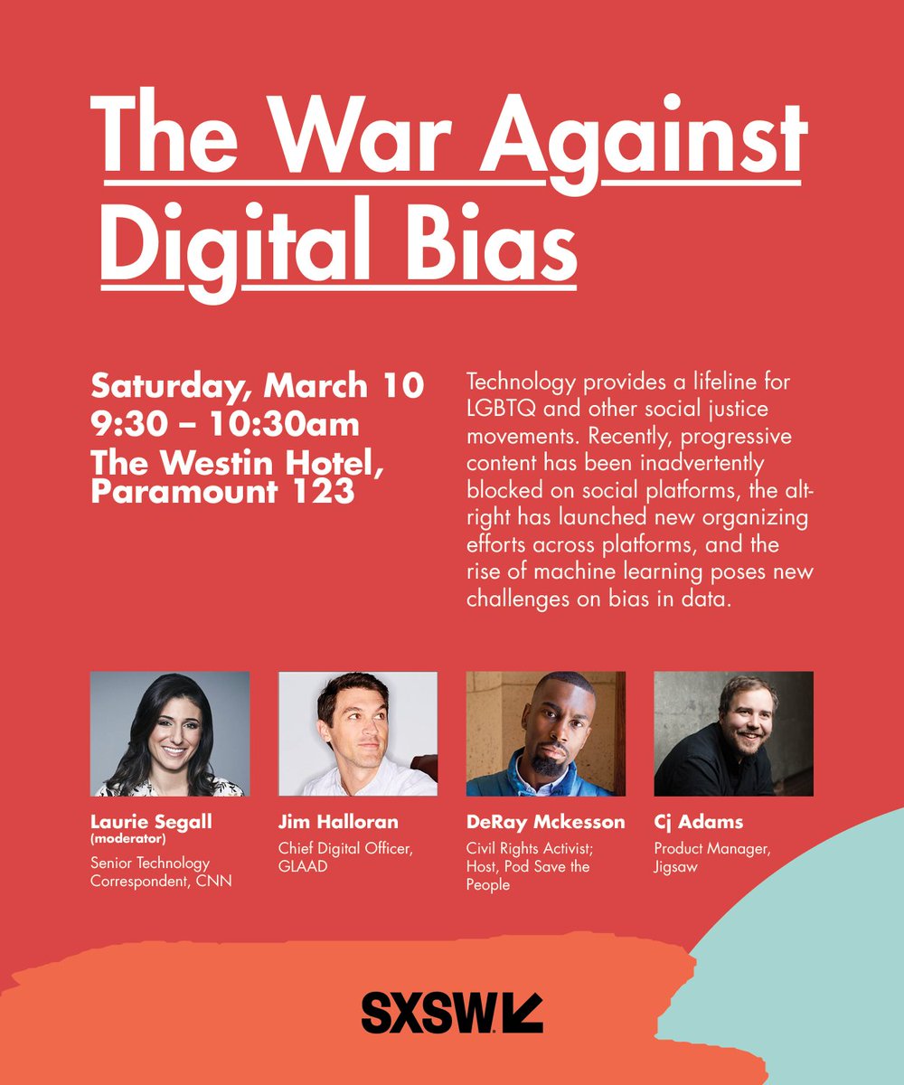 Heading to #SXSW? Check out our own @jimhalloran on a panel about the war against digital bias with <a href="/deray/">deray</a>, <a href="/LaurieSegallCNN/">Laurie Segall</a> and <a href="/Jigsaw/">Jigsaw</a>'s CJ Adams. #InclusiveAI schedule.sxsw.com/2018/events/PP…