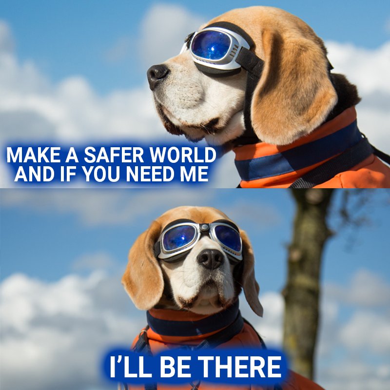Barks McWoofins says, "Make a safer world, and if you need me, I'll be there."