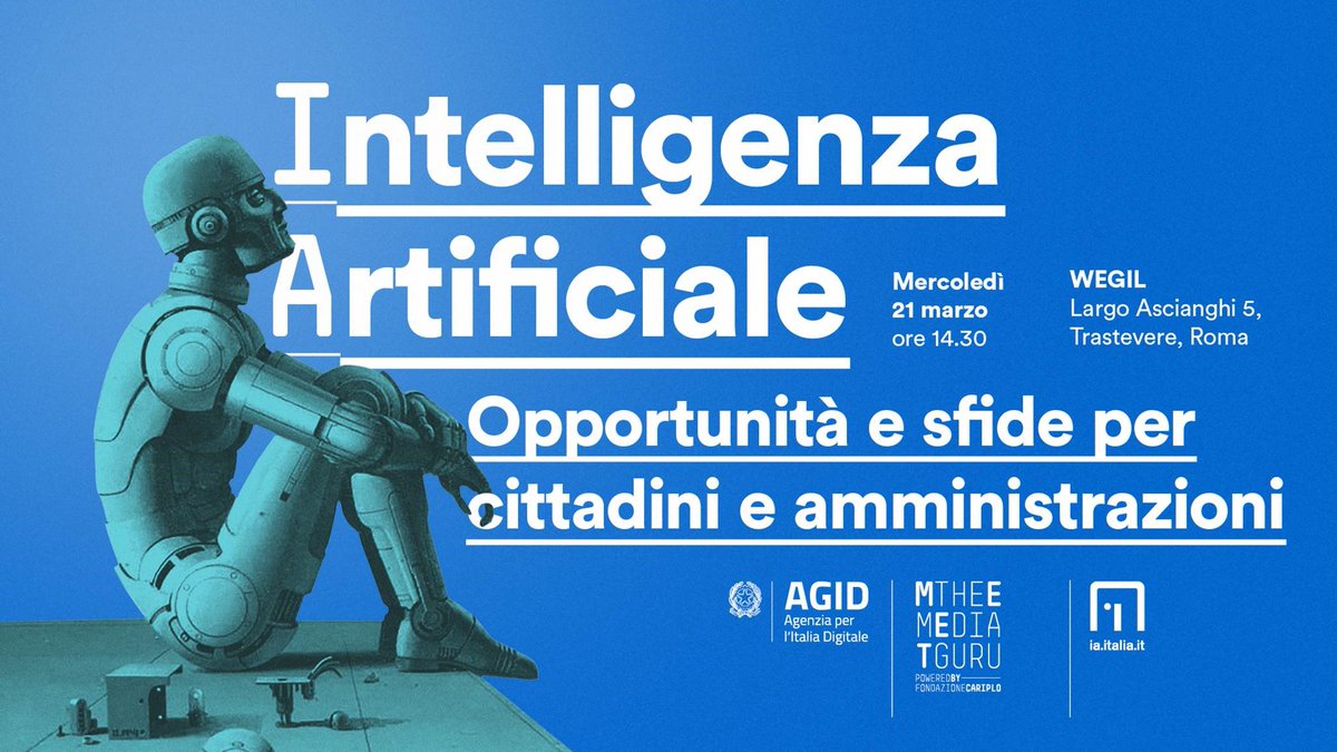 AgidGov's tweet photo. 📅Mettilo in Agenda‼️
Il 21 marzo ci vediamo a Roma da #WEGIL per "Intelligenza Artificiale. Opportunità e sfide per cittadini e amministrazioni"con @mmguru!
Parliamo di #IA e del Libro Bianco di #taskforceIA, insieme ad esperti.
Iscriviti https://t.co/23ENuLKI8M #SfideIA #AgID https://t.co/9ddvU8FeeJ