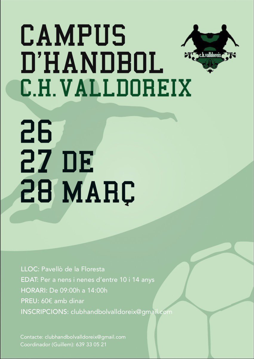 CHValldoreix's tweet photo. Despres de molt treball i molt sacrifi... Tenim moltes ganes de anuncia el nostre I Campus d'Handbol Infantil. Es farà durant els dies 26, 27 i 28 de Març, coincidint amb Setmana Santa, al pavelló de la Floresta! https://t.co/SUkxNrEt7C
