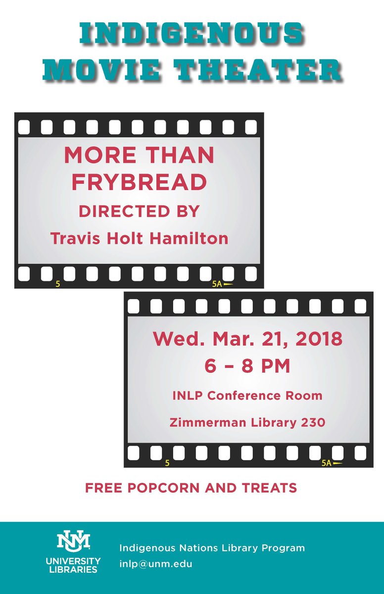 UNMLibraries's tweet photo. Indigenous Movie Theater
Join Indigenous Nations Library Program as we screen a classic Indigenous movie. We will provide popcorn, treats, and stream an Indigenous movie. We will screen "More than Frybread".
https://t.co/6bdlXnEIlT
#MoreThanFrybread
#FrybreadTV
#HoltHamilton https://t.co/5ZQVE41Bkr
