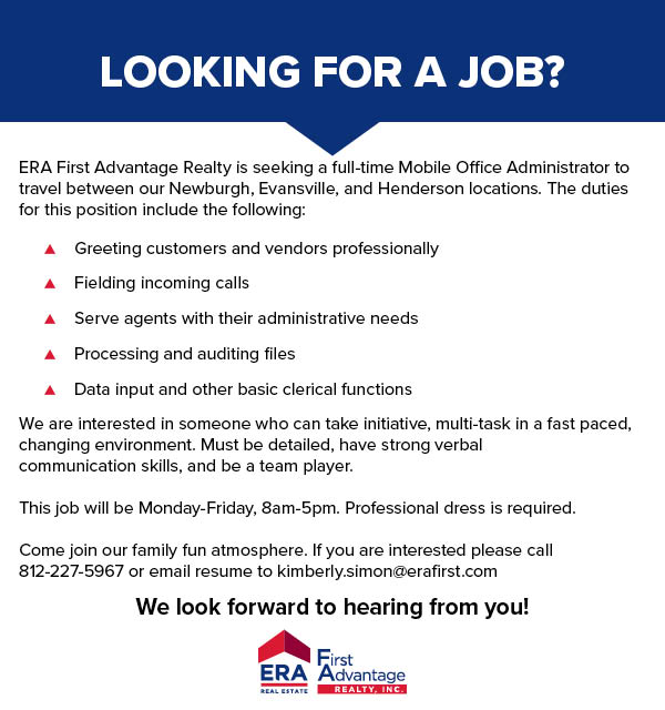 Ready to join an AWESOME workplace?!? 👀 Check out our newest job opening as Mobile Office Administrator 🚙. Work with our outstanding agents, put your administrative skills ✏️📞 to use in a fast paced environment, and of course, have lots of FUN. 🎉🍿#erafirst #officeadmin