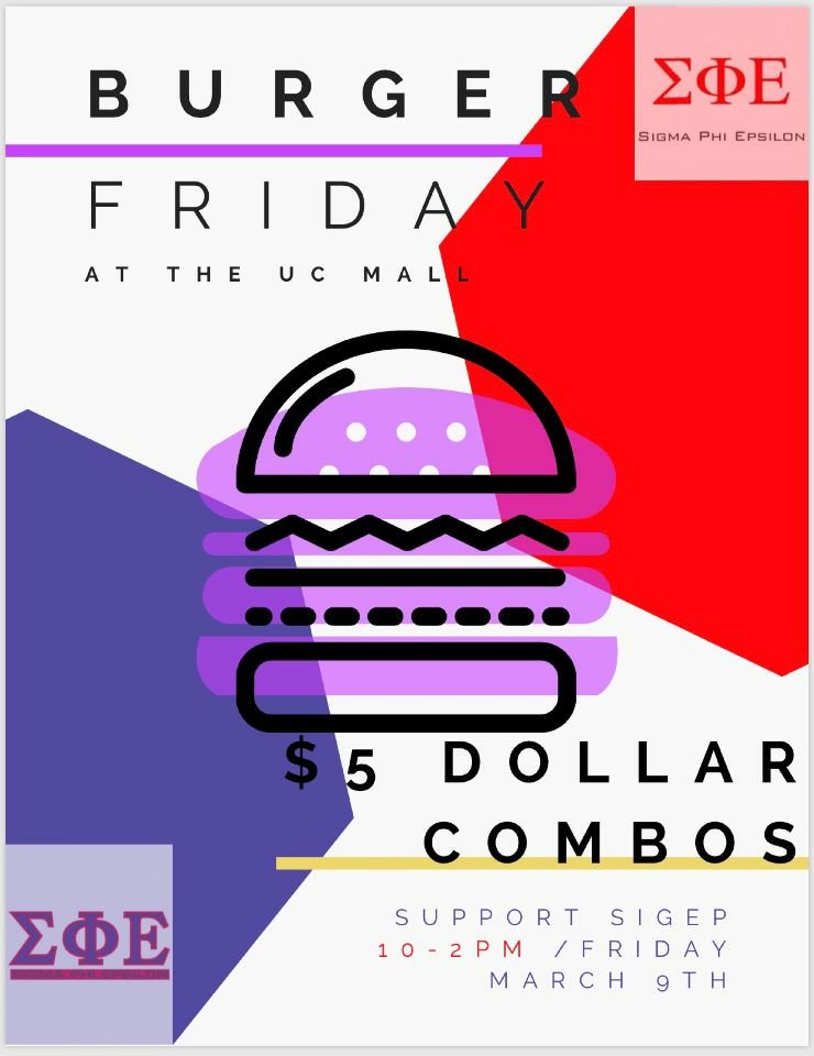 Our Burger Sale is happening now! It's $3 dollars for a Burger and $5 dollars for a meal! Come check us out in the UC Mall!