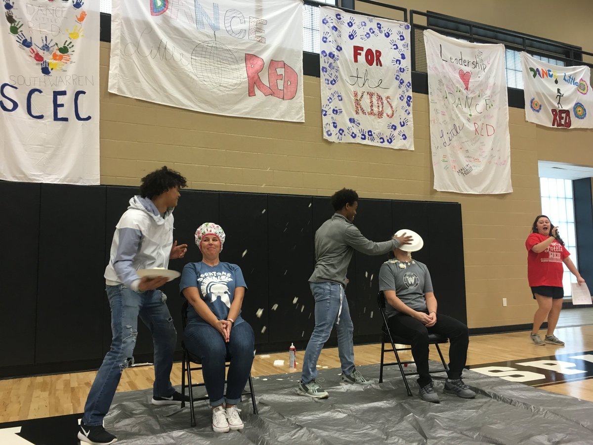 SouthWarrenHigh's tweet photo. Special thanks to Ms. Houchins and Mr. Alexander for taking a pie in the face for #DanceLittleRedSW https://t.co/DYkXt5ZSDP